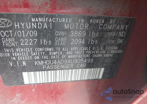 2010 Hyundai Elantra Gls z USA, uszkodzony, nr VIN KMHDU4AD9AU905499